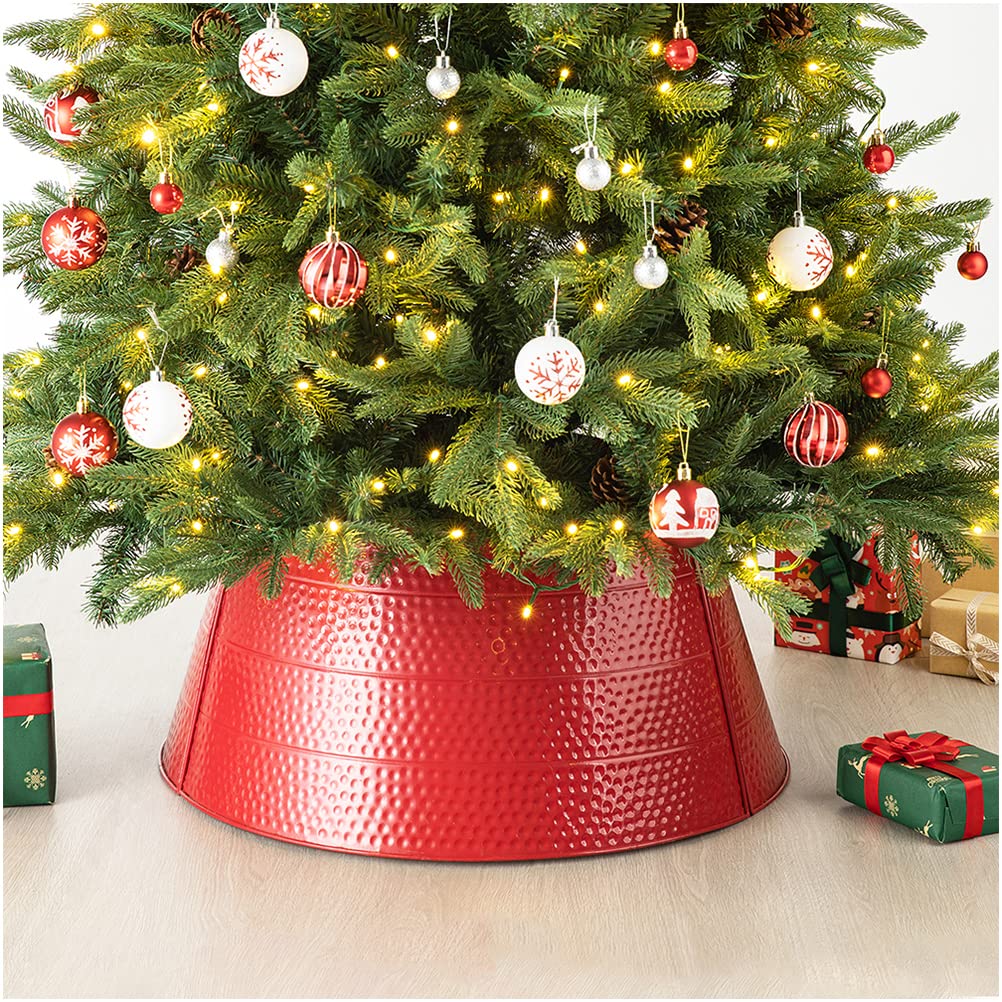 Glitzhome 26" D Red Hammered Metal Tree Collar Tree Base Cover Decorative Christmas Tree Ring for Christmas Decoration