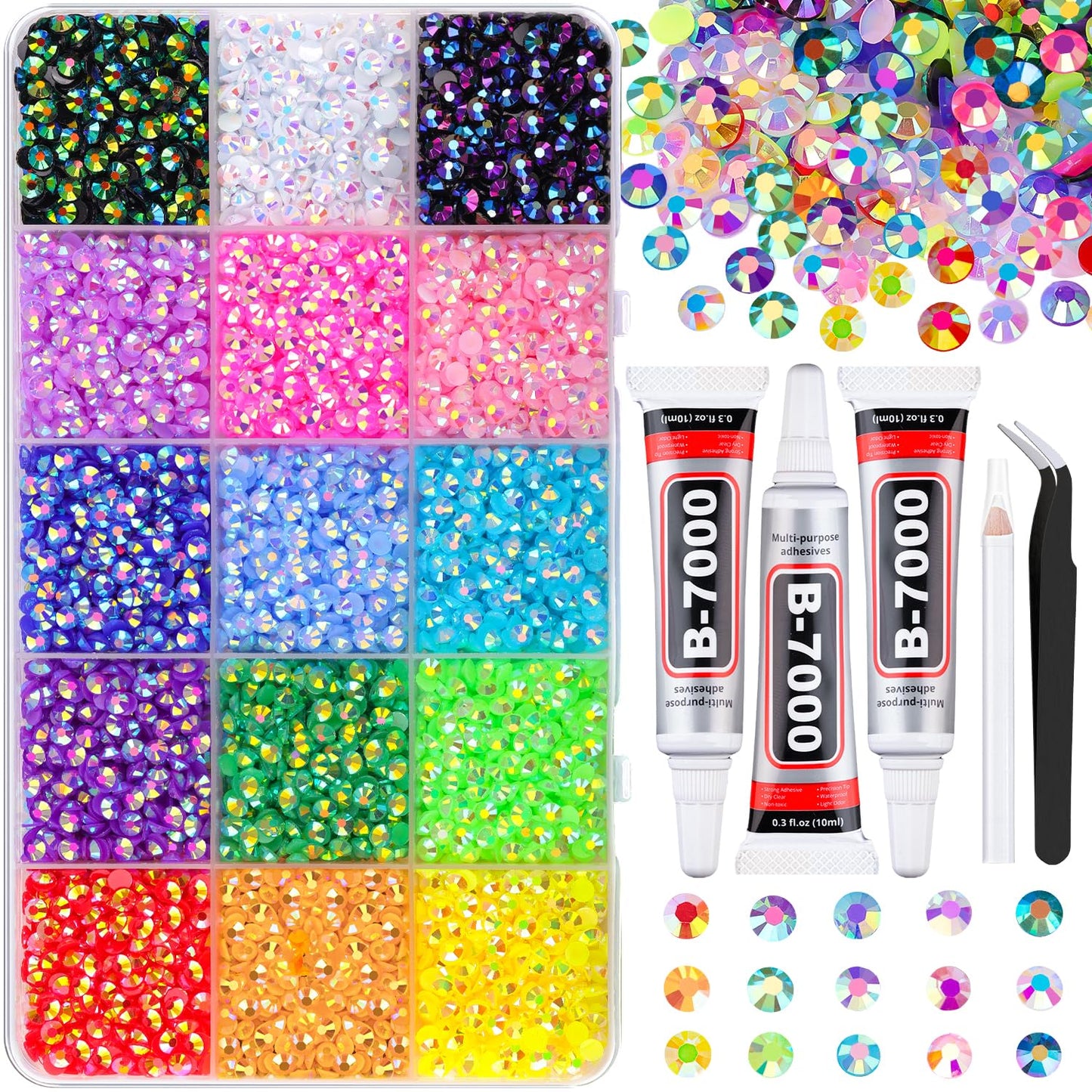 9000Pcs Resin Jelly Rhinestones for Crafting, Mixed-Color 4mm Flatback Gems, Bedazzling Crystal with 3Pcs 10ml B7000 Jewelry Glue for DIY Crafts Clothing Tumblers Shoes Nail Art