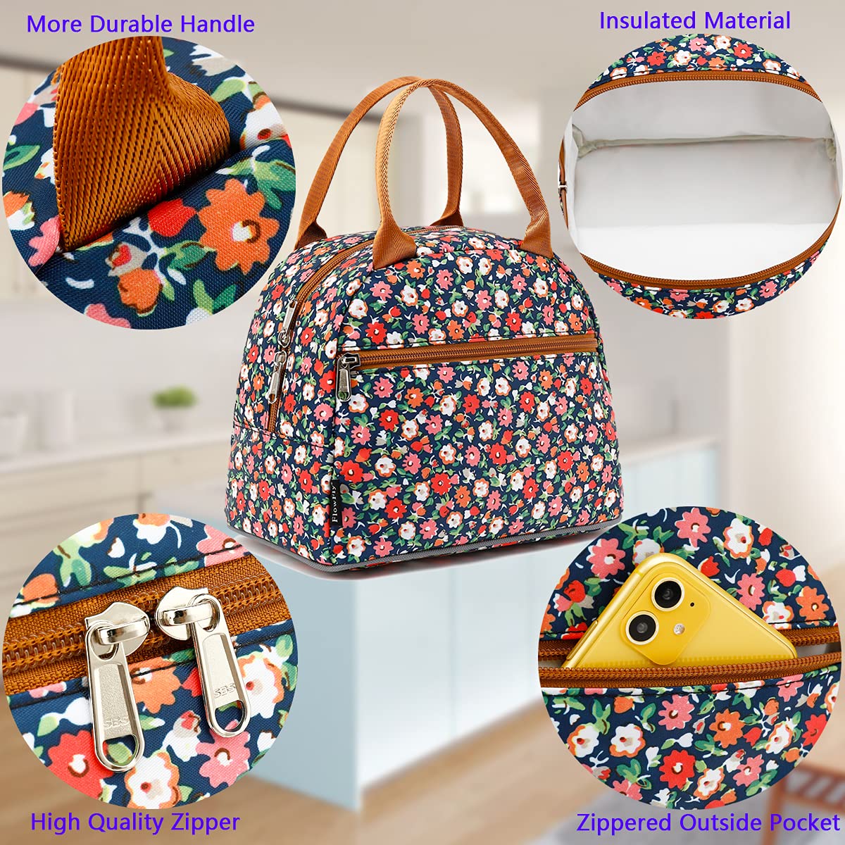 FlowFly Insulated Lunch Bag for Women, Men, and Kids, Large and Reusable, Handle, Freezable Work and School Travel Tote and Meal Prep Organizer, Waterproof Polyester,Floral