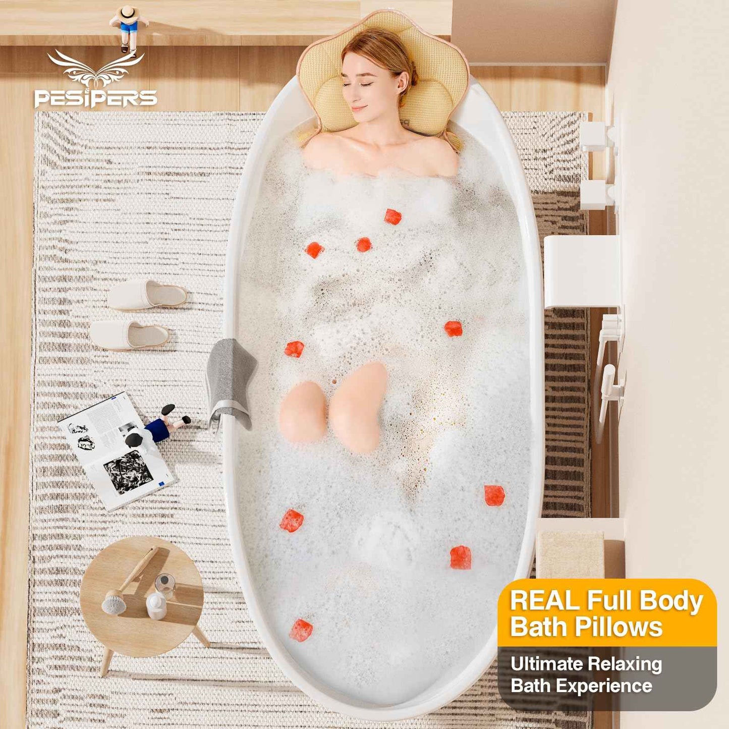Pesipers Ergonomic Full Body Bath Pillow for Bathtub, 3.9 inch Thickened Tub Pillows for Back Support and Headrest Neck, Soft 5D Air Mesh Cushion & Mat, Bathtub Pillow with 13 Suction Cups(Gold)
