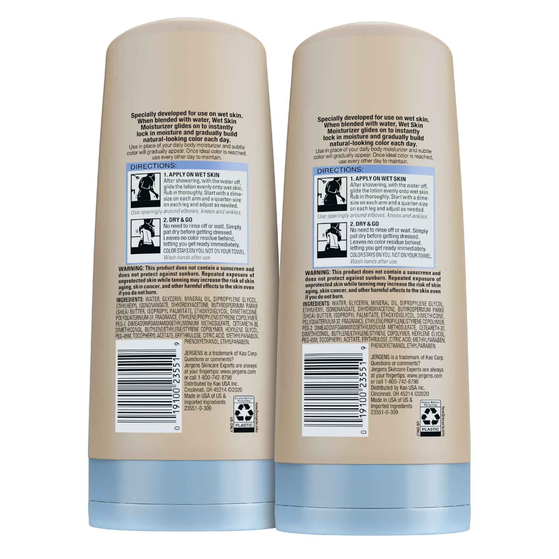 Jergens Natural Glow In Shower Lotion, Self Tanner for Medium to Deep Skin Tone, Sunless Tanning Wet Skin Lotion for Gradual, Flawless Color, 7.5 Ounce, Pack of 2