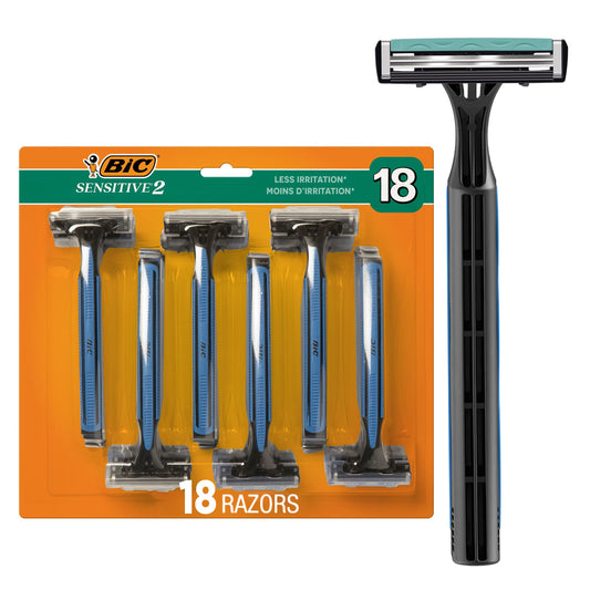 BIC Sensitive 2 Disposable Razors for Men With 2 Blades for Sensitive Skin, 18 Count Value Pack of Shaving Razors