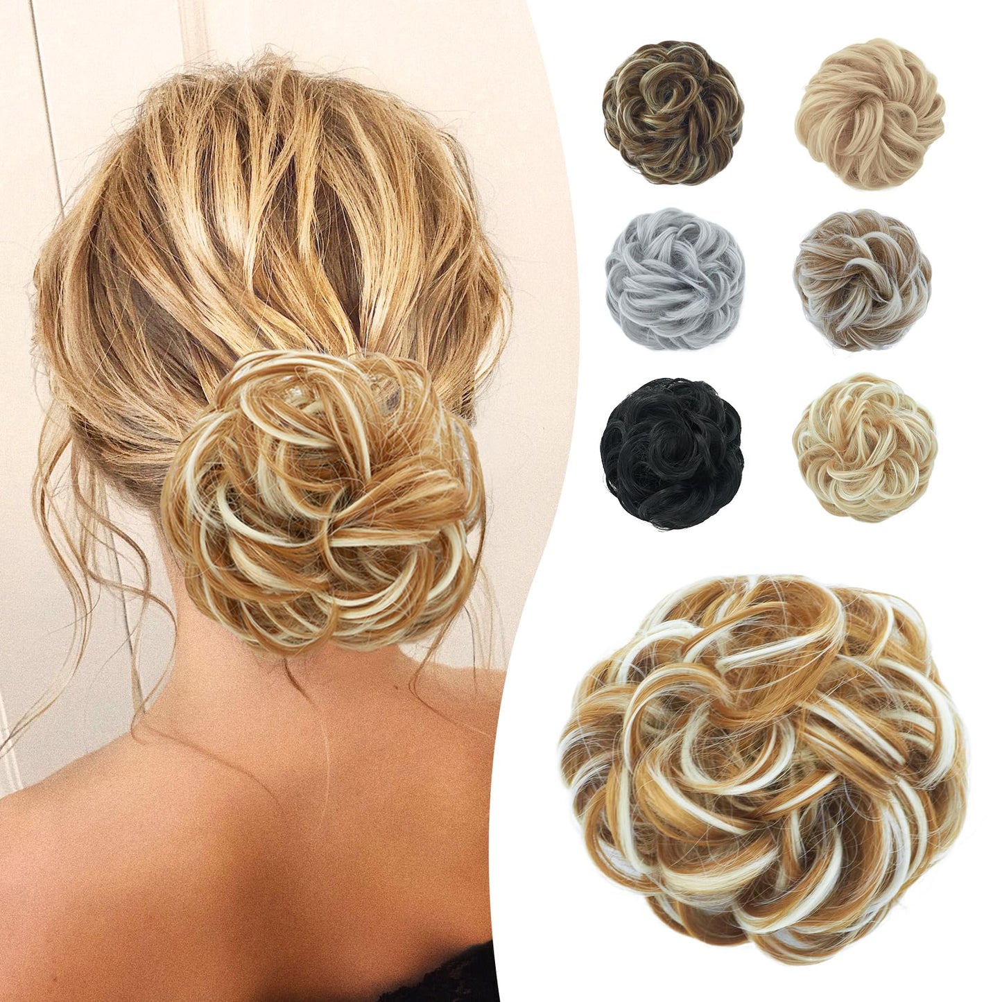 Lynclare Messy Bun Hair Piece Wavy Synthetic Hair Extension，Curly messy Bun Scrunchie Extensions for Women， Chignon Updo Ponytail Hairpieces with Elastic Rubber（Light Ash Brown & Bleach Blonde）