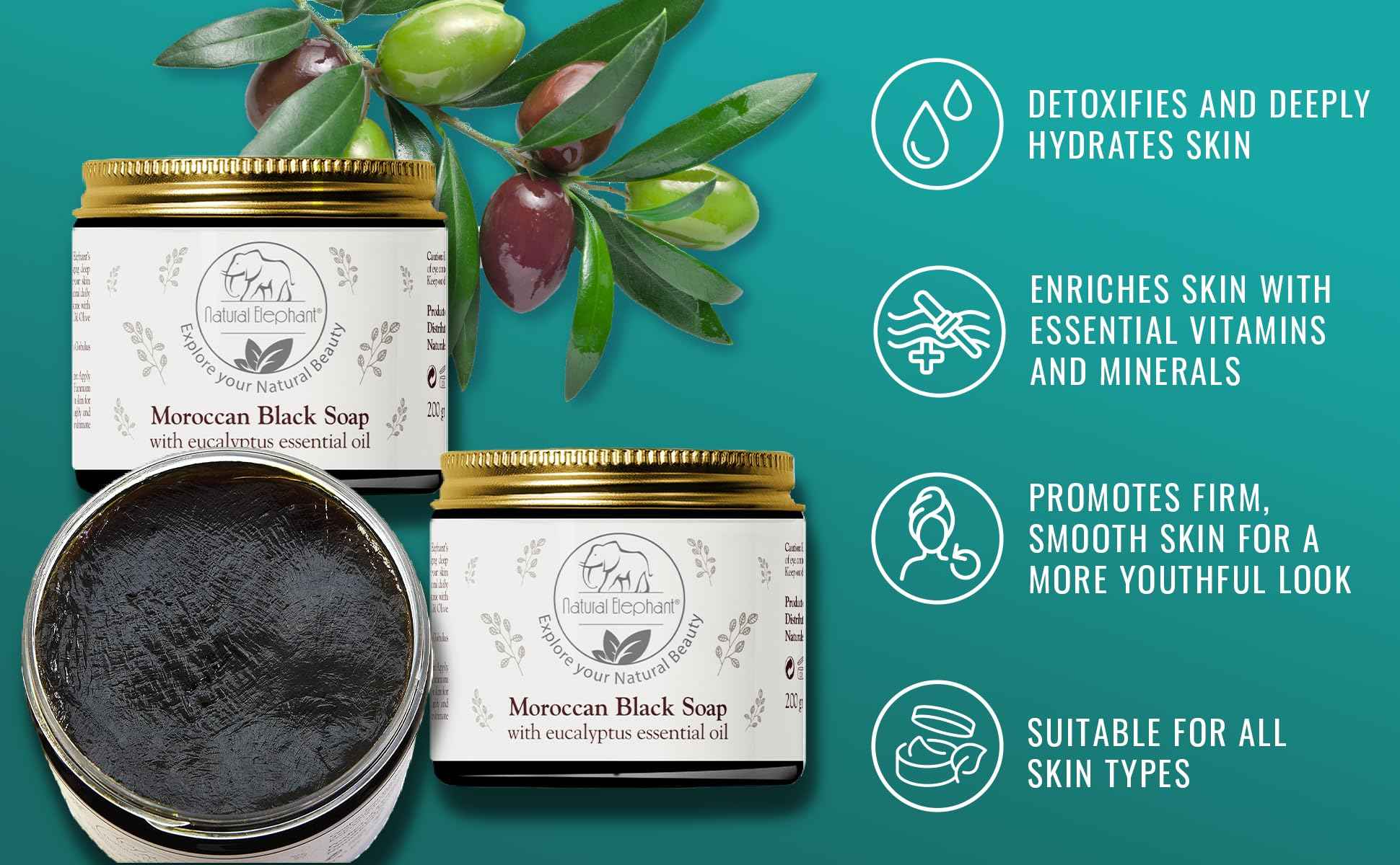 Natural Elephant Premium Kessa Hammam Glove and Moroccan Black Soap with Eucalyptus Essential Oil 200g (7oz) Combo Spa Exfoliation Kit