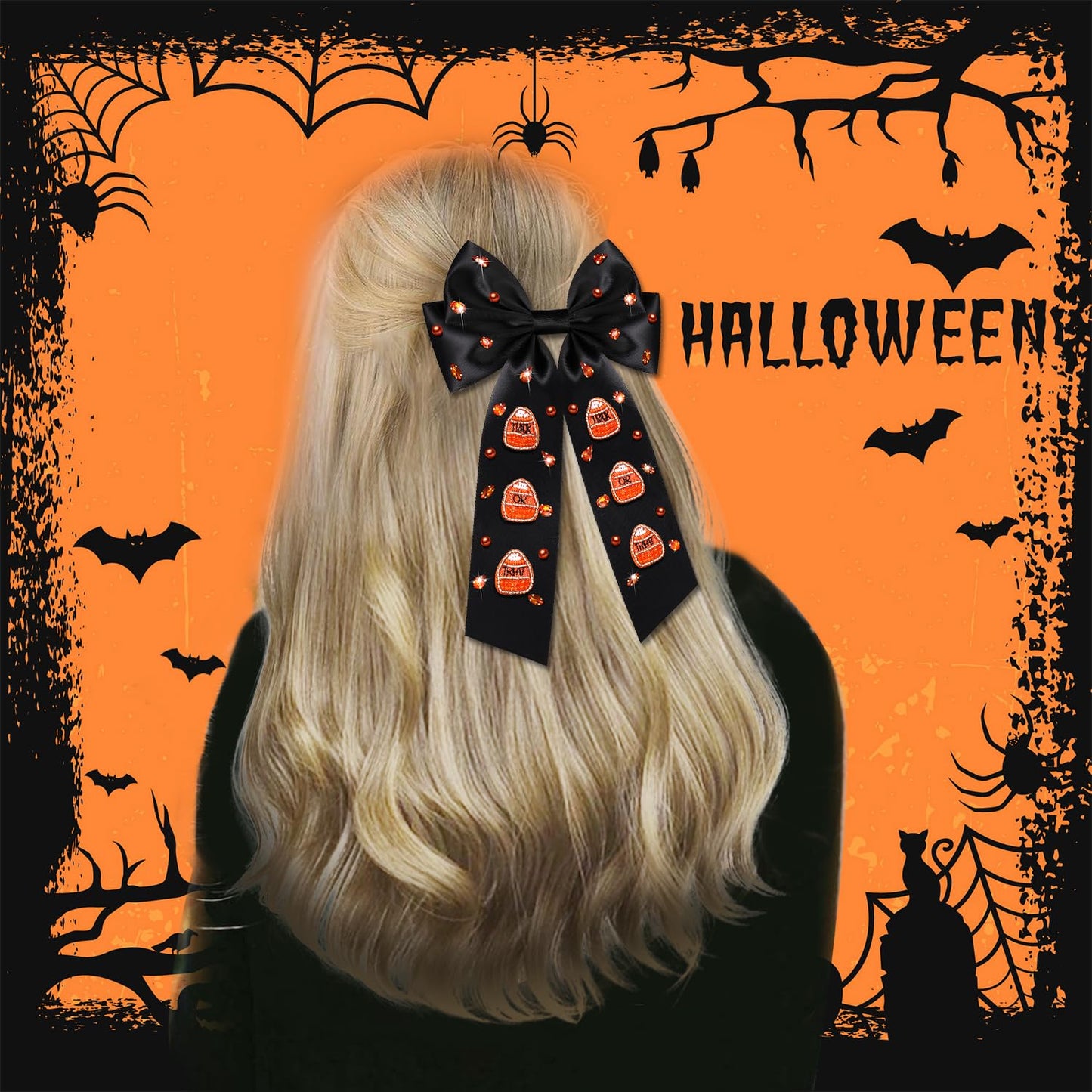 Halloween Hair Bows for Women Halloween Accessories Outftis Spooky Ghost Boo Pumpkin Hair Bows Large Rhinestone Jeweled Hair Bow Clips Halloween Hair Ribbons Party Favors Gifts (Pattern C1)