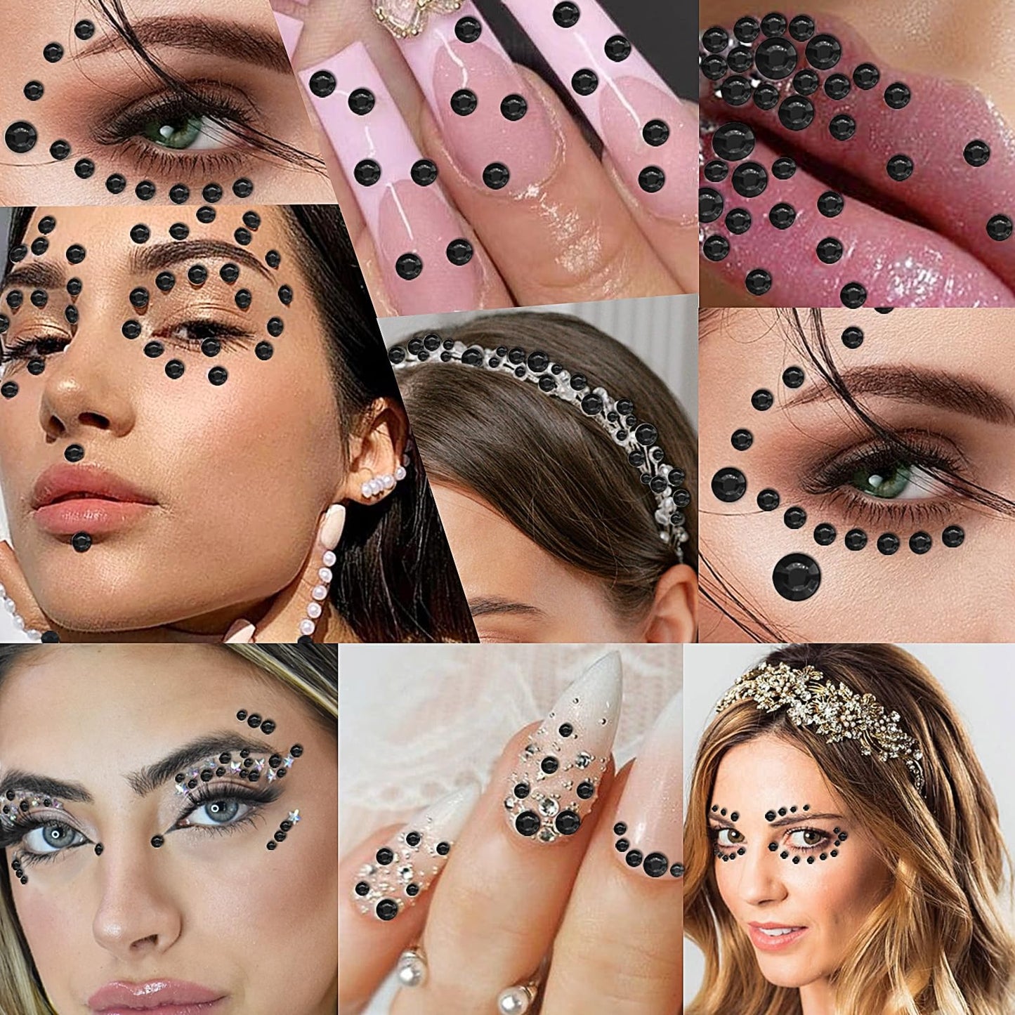 3555PCS Rhinestone Stickers for Crafts, Self Adhesive Gem Stickers 3/4/5/6/8 MM Face Jewels Stick on Bling Pearls for Face Eye Nail Hair Body Makeup Crafts DIY Scrapbooking Embellishments (Black)