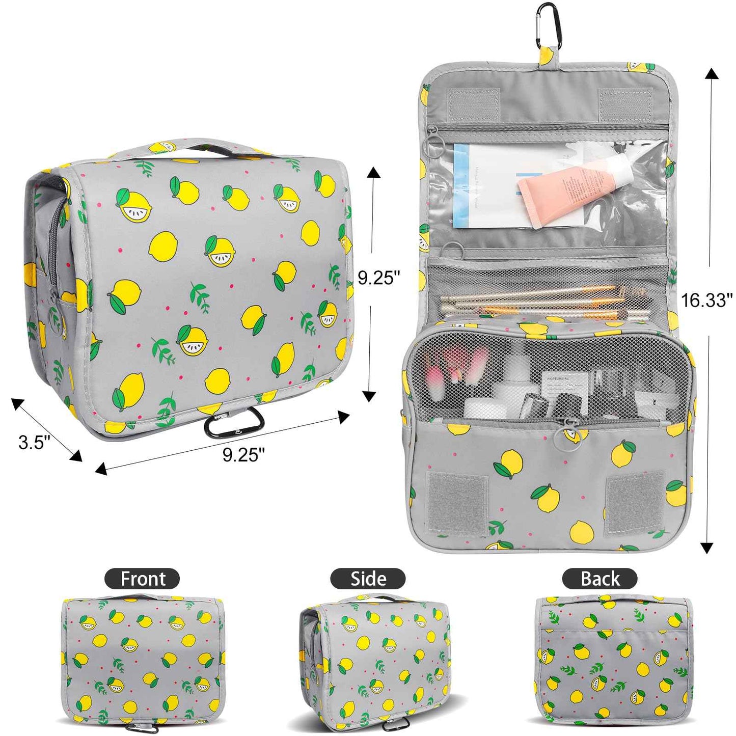 LAKIBOLE Travel Essentials Organizer Bag for Women Toiletry Bag Hanging Multifunction Cosmetic Bag Portable Makeup Pouch Waterproof (Grey & Lemon)