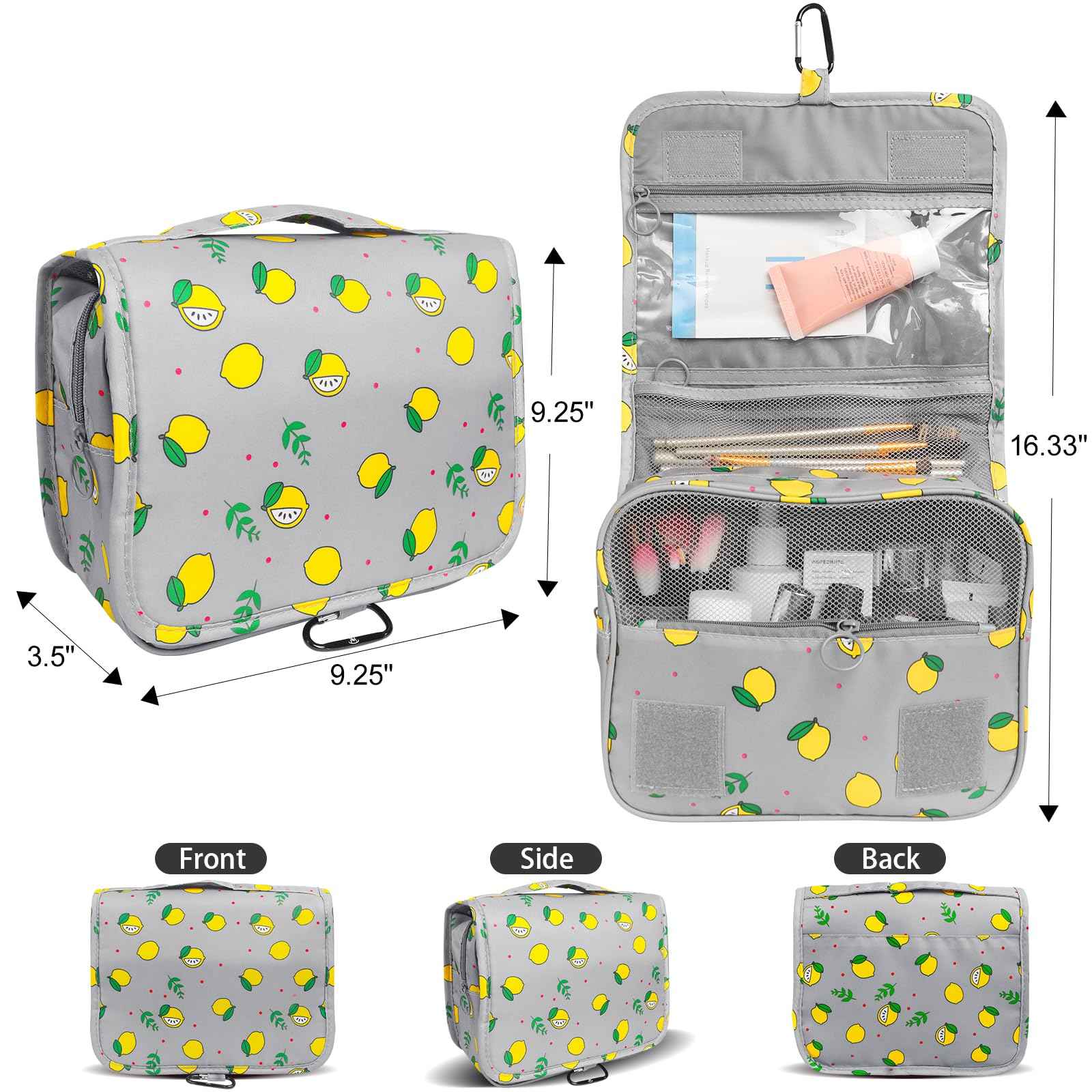 LAKIBOLE Travel Essentials Organizer Bag for Women Toiletry Bag Hanging Multifunction Cosmetic Bag Portable Makeup Pouch Waterproof (Grey & Lemon)