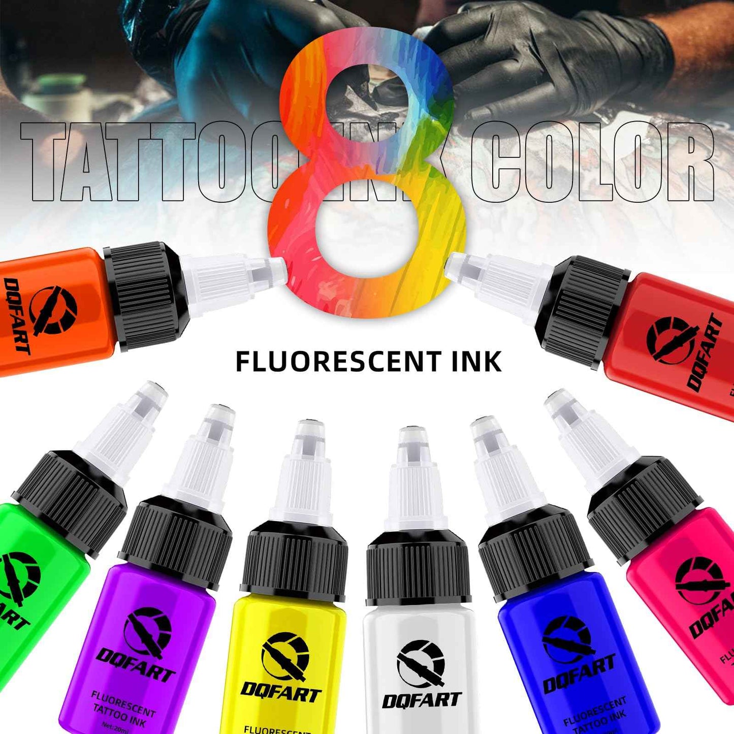 DQFART Tattoo Fluorescent Ink 0.65 oz (20ML) 8 Color UV Tattoo Ink TI-002