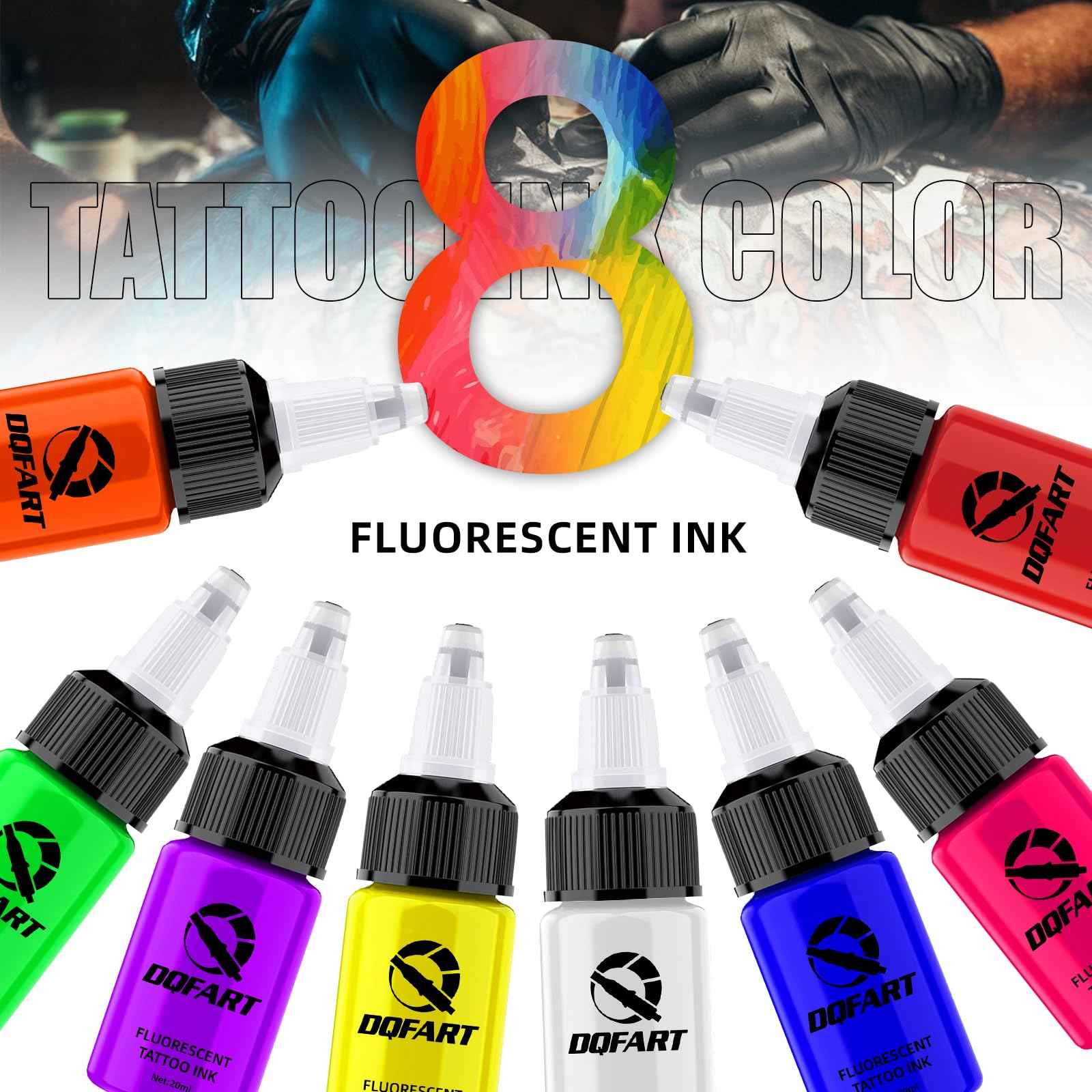 DQFART Tattoo Fluorescent Ink 0.65 oz (20ML) 8 Color UV Tattoo Ink TI-002