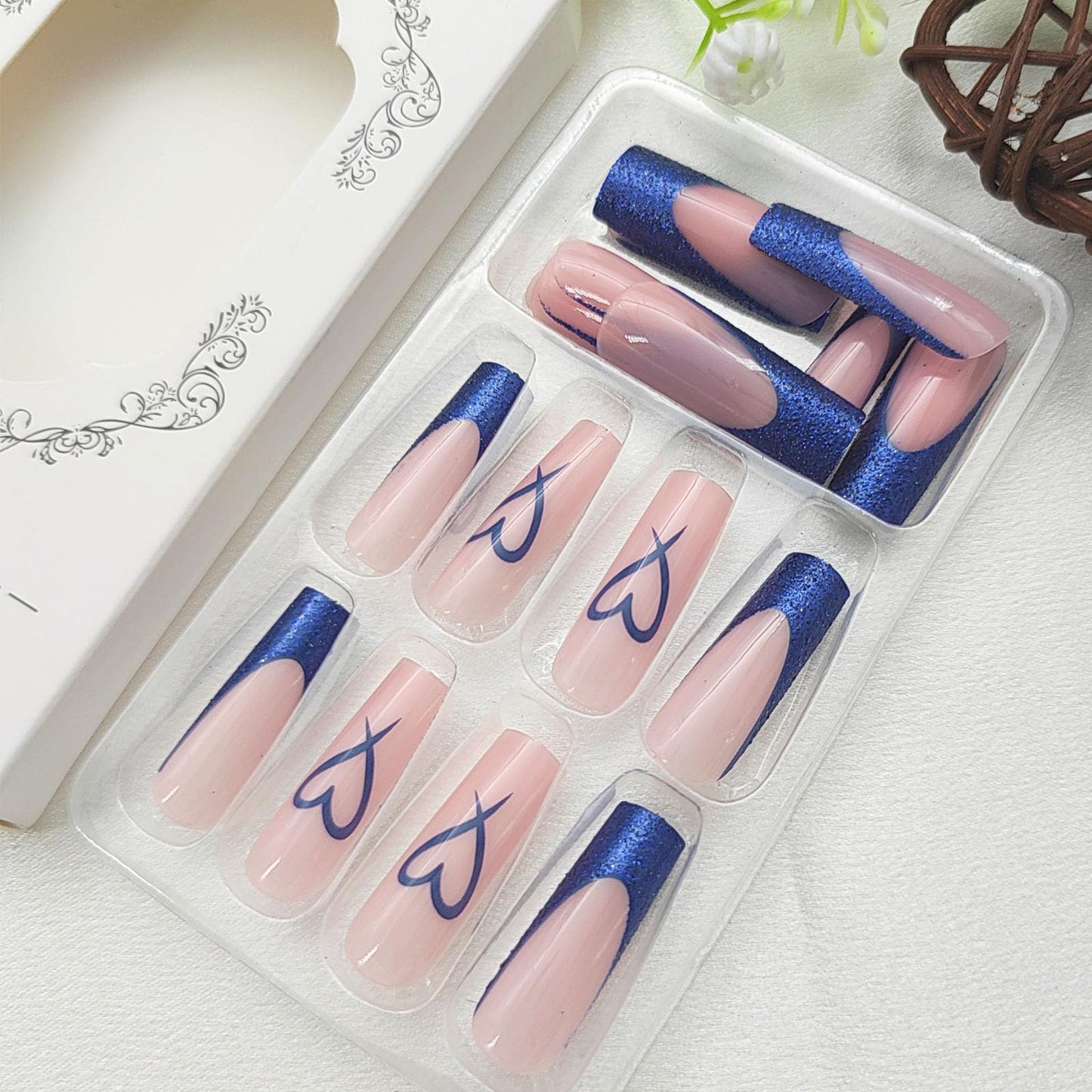 Blue French Tip Press on Nails Long Square Fake Nails Heart Acrylic Nails Nude Translucent Nails Press ons Bling Glitter Glue on Nails Glossy Stick on Nails for Women 24 Pcs