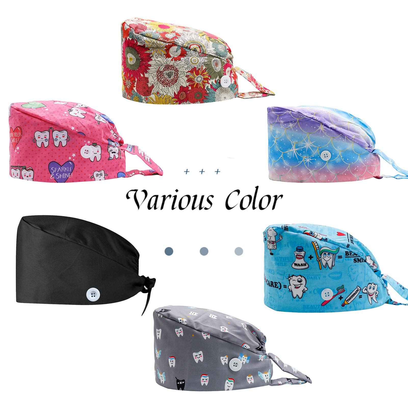 LUCKYBUNNY 3PCS Cute Teeth Working Cap with Button, Women Men Breathable Lace Up Sweatband Work Hat Hair Cover (Cute Teeth)