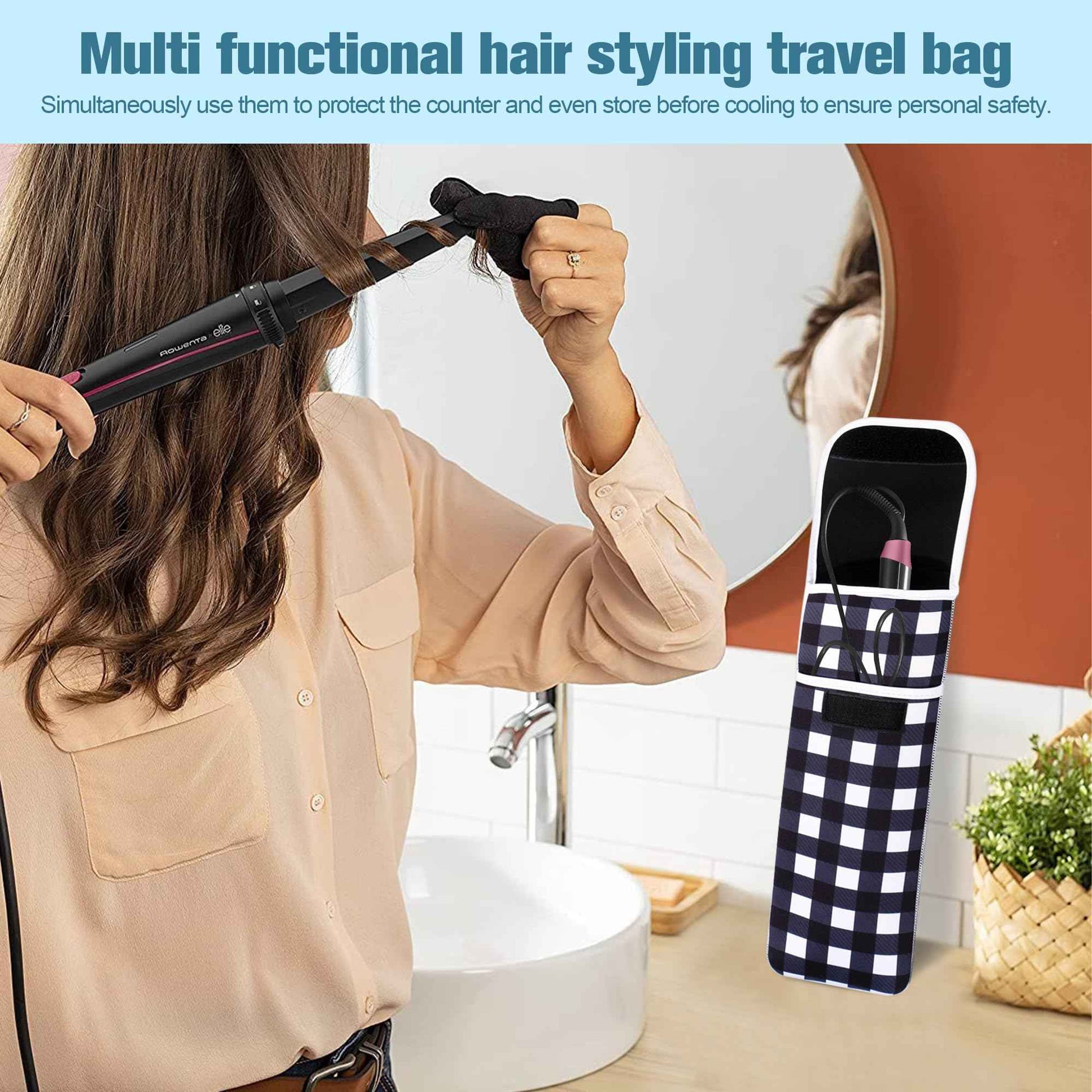 ALEIFLE Women's Heat Resistant Neoprene Curling Iron Holder Flat Iron Curling Wand Travel Storage Cover Case Bag Pouch -Water-Resistant (Black lattice)