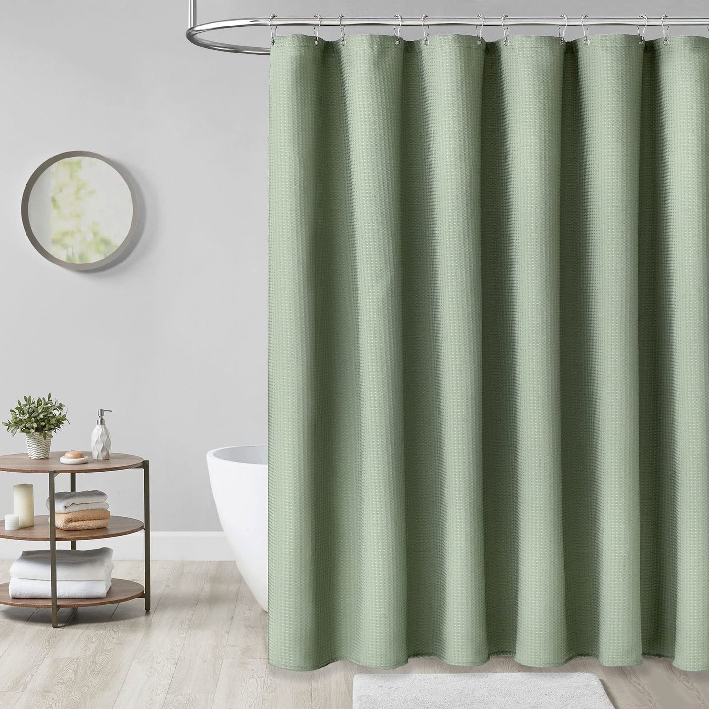 Dynamene Sage Green Shower Curtain - Waffle Textured Heavy Duty Thick Fabric Shower Curtains for Bathroom, 256GSM Luxury Weighted Polyester Cloth Bath Curtain Set with 12 Plastic Hooks，72Wx72H,Green