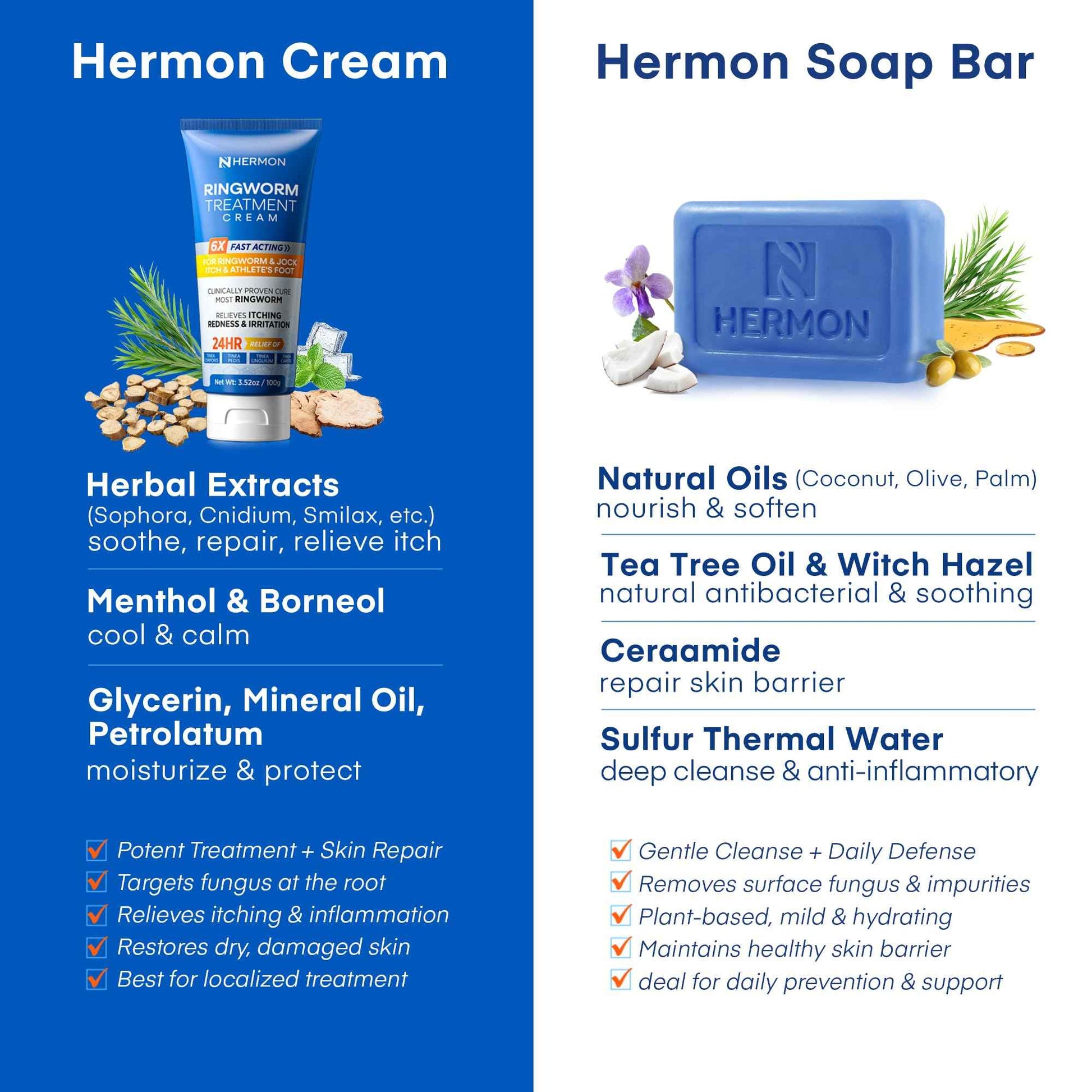 Hermon Ringworm Treatment Anti-fungal Kit - RingWorm Treatment for Humans 3.52 oz cream 4 oz soap bar for Ringworm, Athlete's Foot, Jock Itch, Eczema, Tinea - for Adults and Kids
