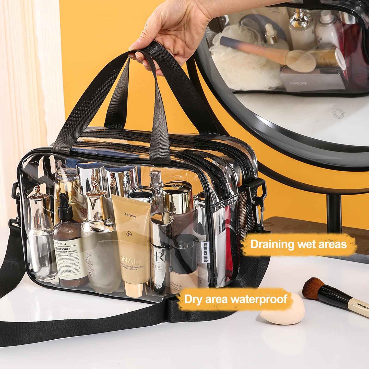 Officentra Clear Toiletry Bag for Women with Zipper–Clear Makeup Bag with Shoulder Strap & Handheld Handles – Stadium Bags for Women with Wet/Dry Compartments for Concerts, Travel, Work & Sports