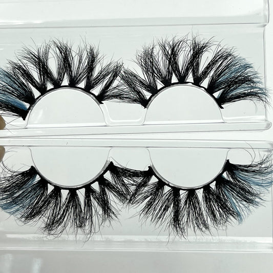 Mikiwi Colored Mink Lashes, 25mm 2 Stripes Colorful Eyelashes, 2 Pairs Mix 22-25mm Real Mink Lashes With Blue Strips Color on end, Fluffy Curly Colored Mink Eyelashes, Halloween Colorful Lashes