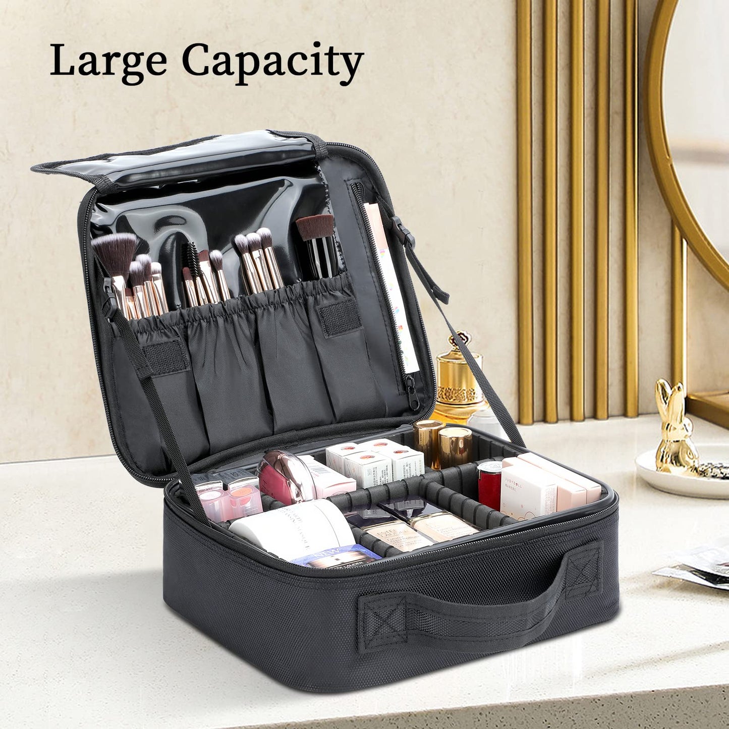 Travel Makeup Bag with Mirror, Cosmetics Organizer Bag, Travel Makeup Train Case & Adjustable Dividers, Professional Cosmetic Accessories Case, Portable Travel Case Waterproof and Durable (Black)
