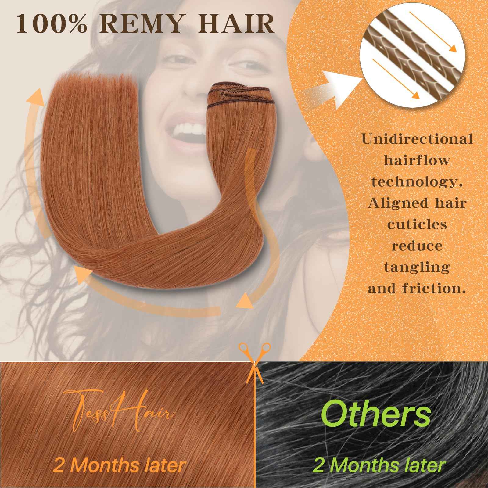 TESSHAIR Clip in Hair Extensions Long Straight, 100% Real Human Hair,No Tangle & Smooth,85g, 10 Inch,#33 Dark Auburn