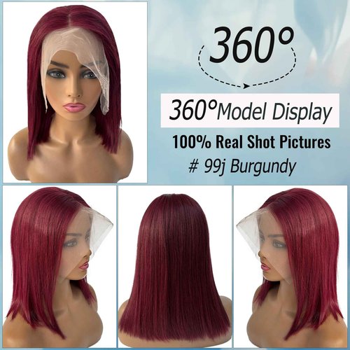 99J Burgundy Lace Front Wigs Human Hair Reddish Brown 13x4 Short Straight Bob Wig 180% Density HD Pre Plucked Glueless Lace Front Human Hair Wine Red bob wig Bleached Knots Natural Hairline 10Inch
