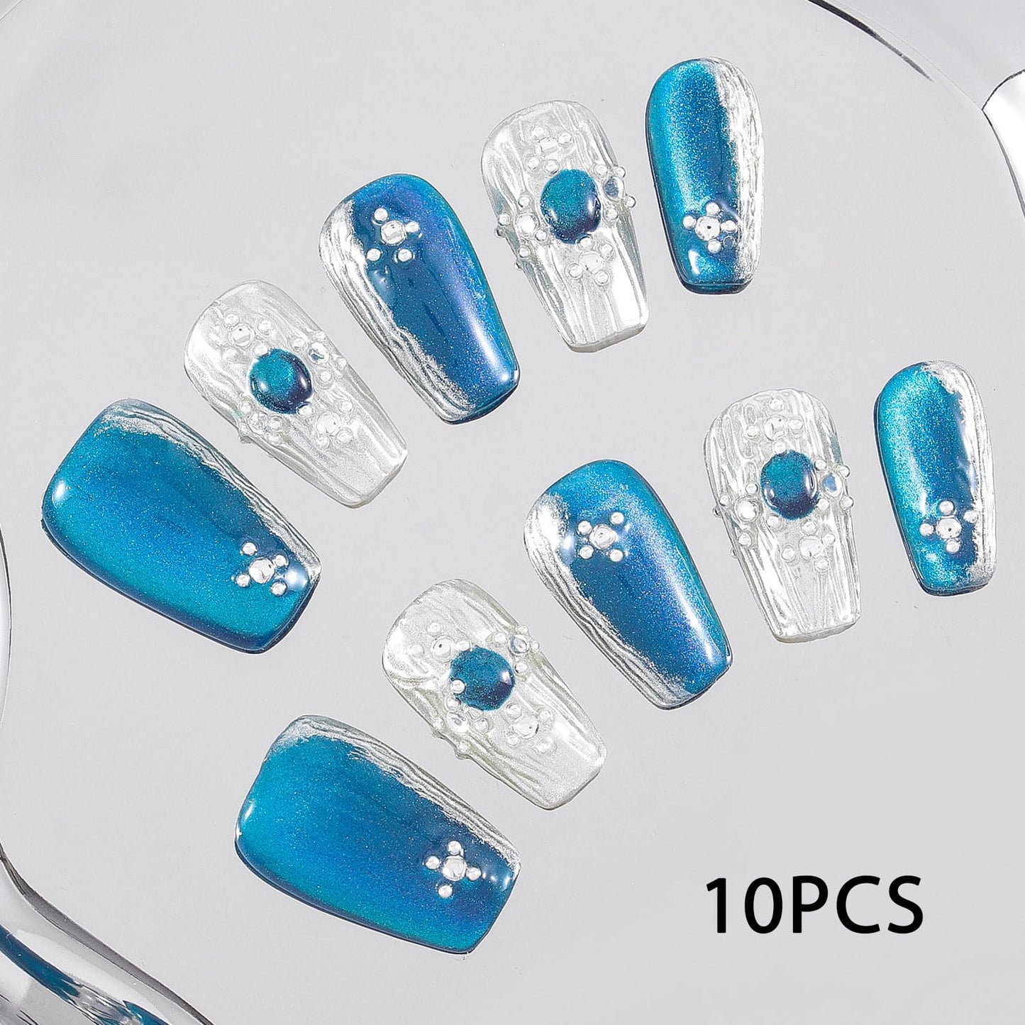 Sethexy Blue Handmade Press On Nails Medium Coffin Acrylic False Nails with Design Silver Glitter Fake Nails Glossy Salon Nail for Women and Girls 10PCS (Blue3)