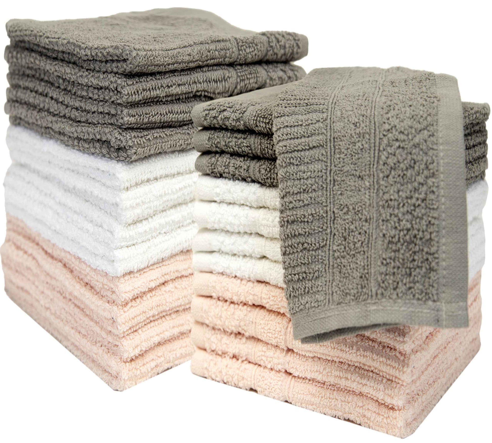 PH Pleasant Home Ribbed Wash Cloths Set - 12 Pack (12” x 12”) – 509 GSM - 100% Ring Spun Cotton Wash Cloth - Super Soft and Highly Absorbent Face Towels (Light Grey, White & Pink)