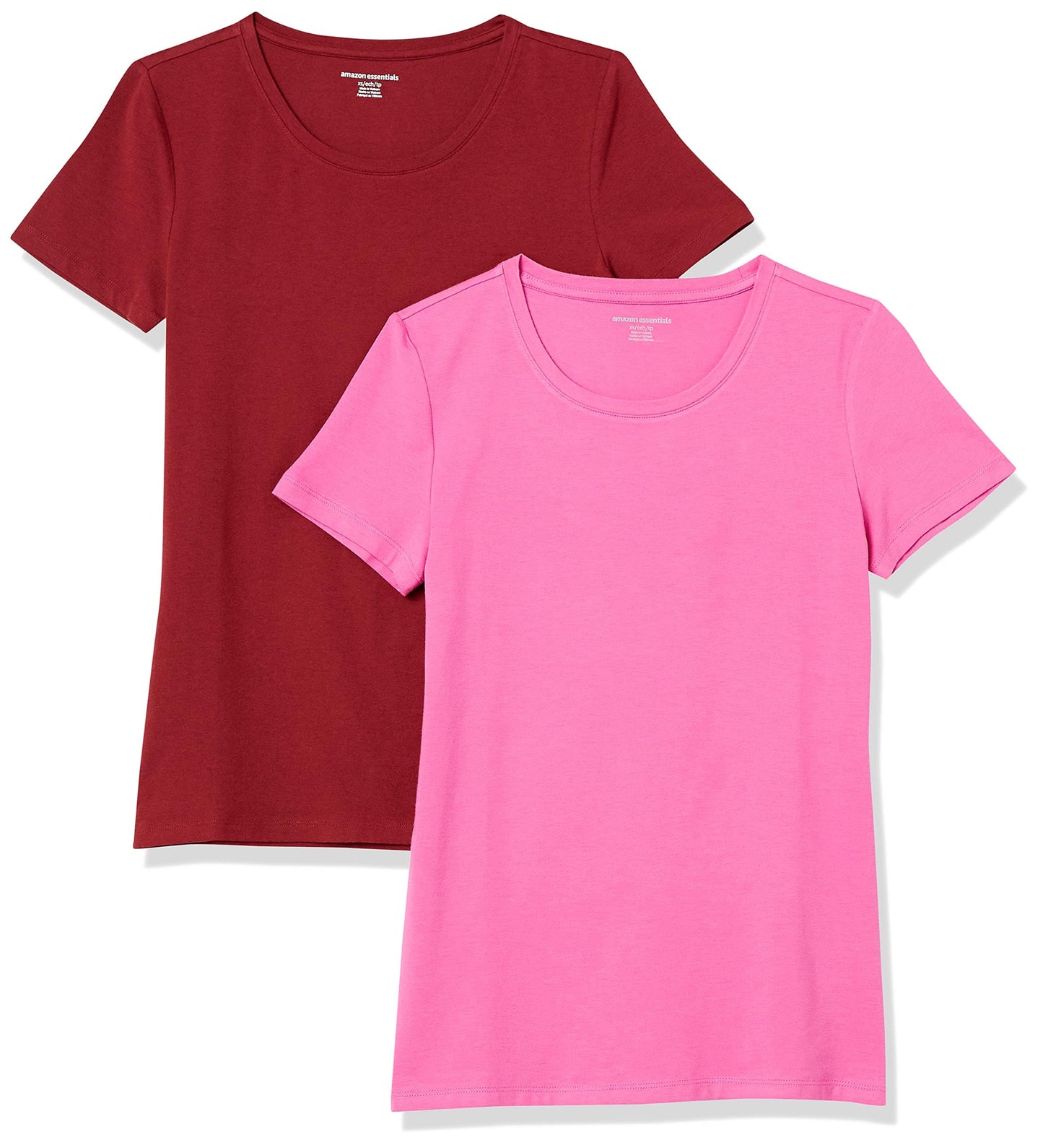 Amazon Essentials Women's Classic-Fit Short-Sleeve Crewneck T-Shirt, Pack of 2, Burgundy/Pink, X-Small