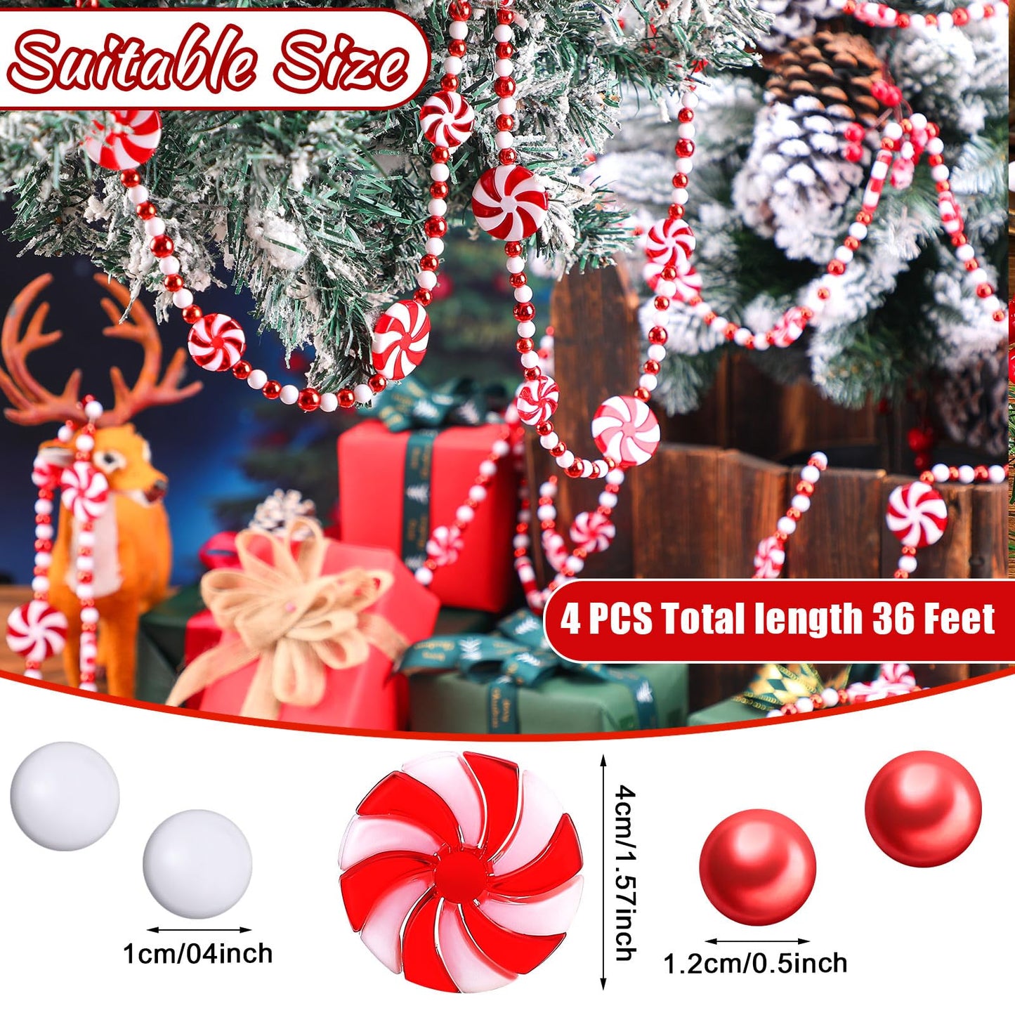 Tigeen 36 ft Christmas Tree Candy Garland, Candy Beaded Garland Plastic Red and White Bead Garland Candy Round Decor for Christmas Tree Xmas Home Fireplace Christmas Party Decoration