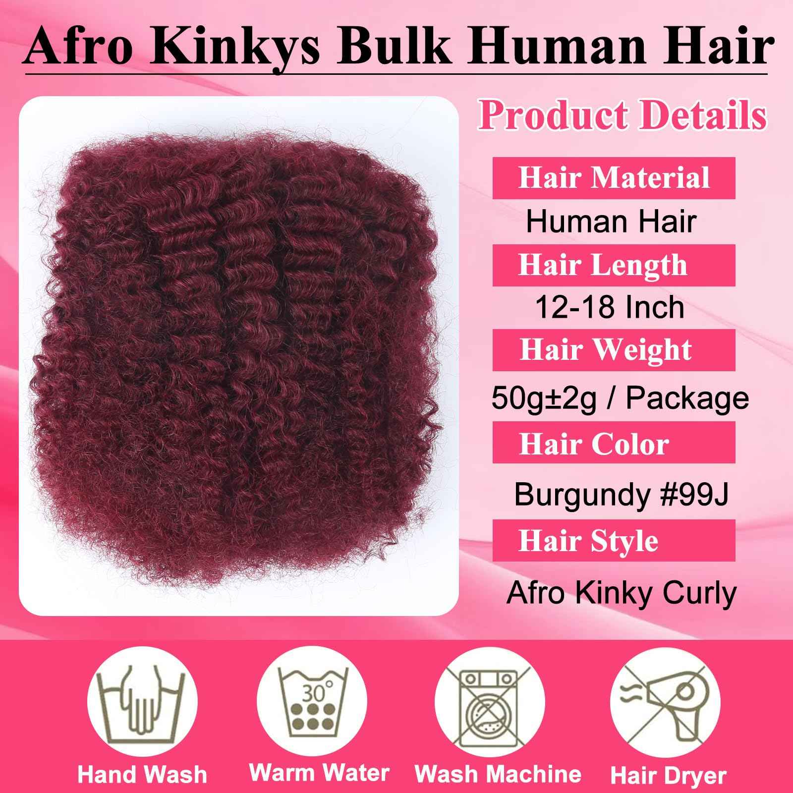 Afro Kinkys Bulk Human Hair for Braiding Burgundy Afro Kinky-Curly Human Hair Bulk for Twist 16 Inch 50g/Bundle 99J No Weft 4c Kinky Curly Bundles for Braids Micro Locs Dreadlock Extensions
