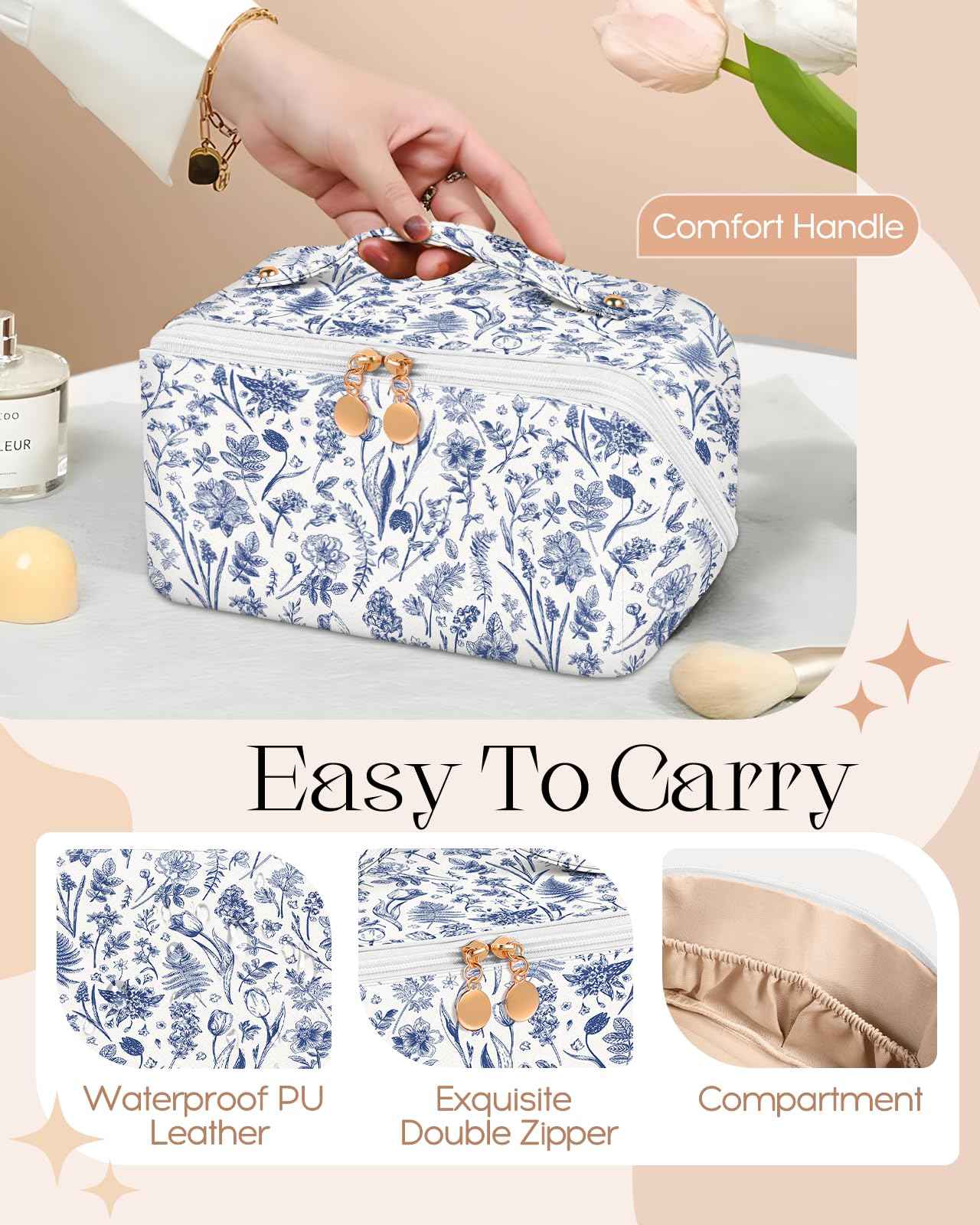 Bistup Makeup Bag Travel Cosmetic Bag Toiletry Make Up Bags Cute Women Large Capacity Big Medium Leather Blue Floral Aesthetic Girl Teen Teenage Foldable Expandable Open Flat Zip