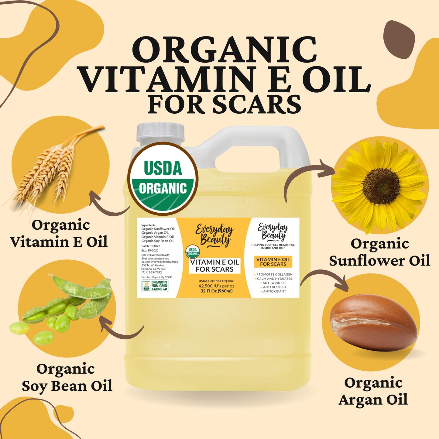 Organic Vitamin E Oil Bulk - 32oz USDA Certified 100% All Natural Plant Based - Light and Unscented Great for Scars After Surgery - For Face, Skin and Nails - Anti-Aging, Reduce Appearance of Wrinkles