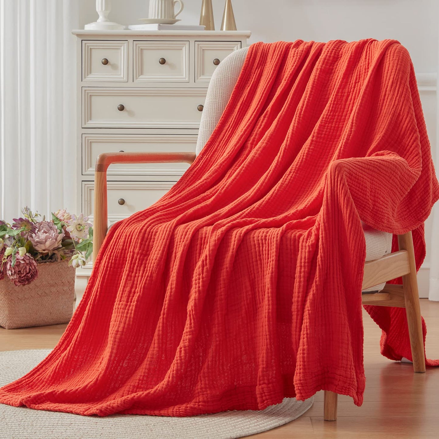 EMME Cotton Blanket Queen Size for Bed Soft Large Muslin Bed Blankets 80"x90" Lightweight Breathable Blanket All Season Gauze Blanket, Orange Rust