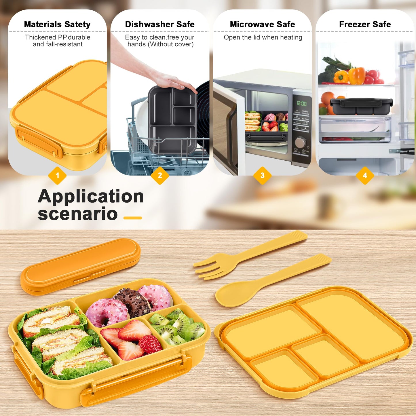 Amathley Lunch Box Kids,Bento Box Adult,Leakproof Lunch Containers for Adults/Kids/Toddler,1200ML-4 Compartments bento Lunch box with Utensil,Microwave & Dishwasher & Freezer Safe (Yellow)