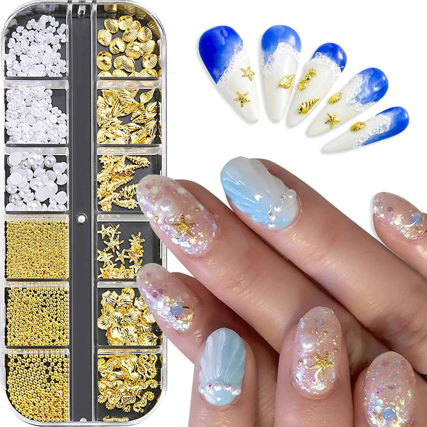 ROFIBUT Summer Nail Charms 3D Steel Studs Metal Art Charms Pearls Seashell Starfish Gold Rhinestones Ocean Theme Designs Nail Supplies for Women Girls Manicure 12 Grids