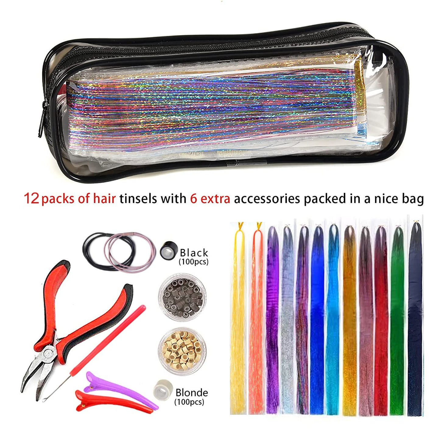 Hair Tinsel Kit, Tinsel Hair Extensions, 12 Colors Glitter Fairy Hair Tinsel Heat Resistant with Tools for Women Girls Party Halloween Christmas New Year