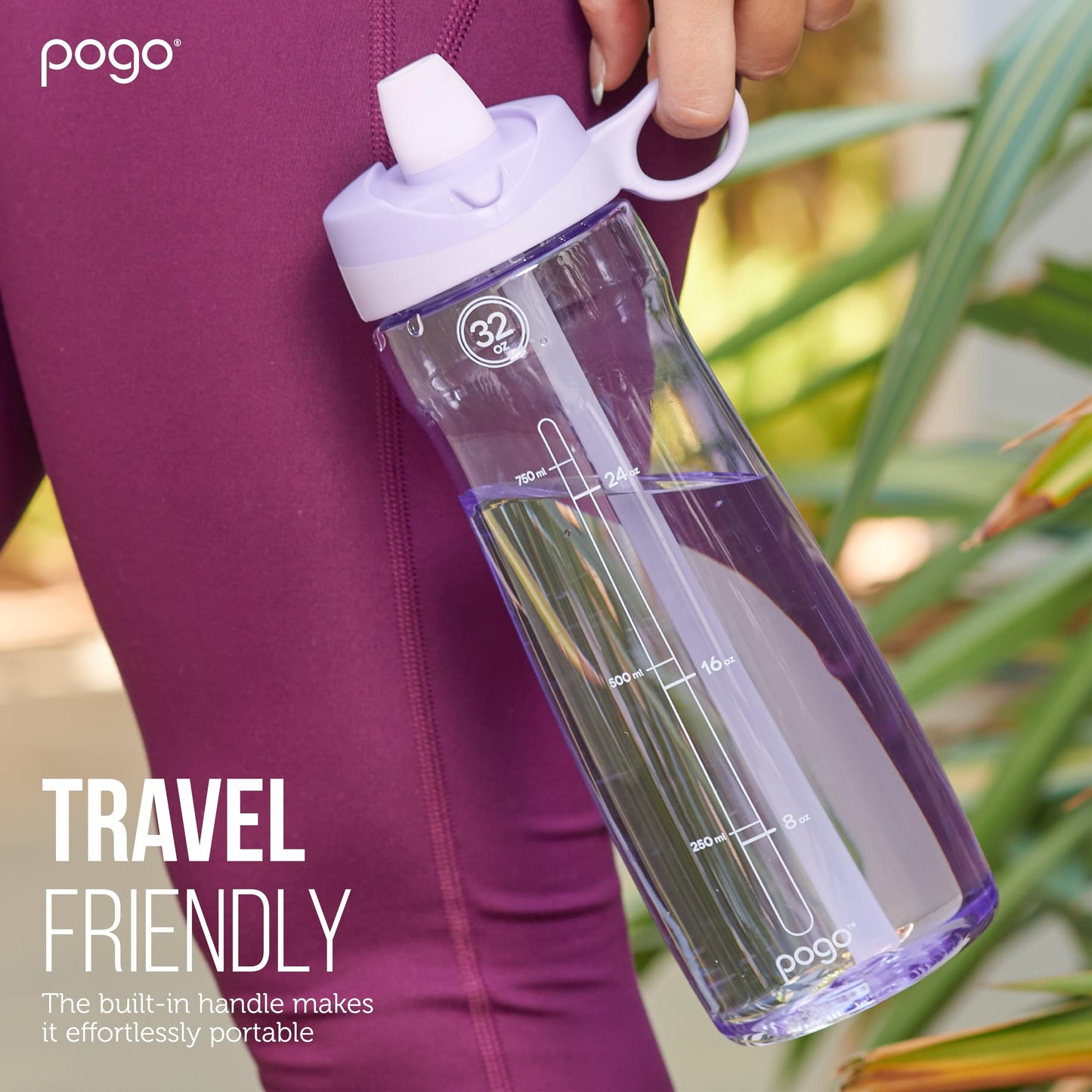 Pogo Plastic Water Bottle with Soft Straw Lid and Carry Handle, BPA Free, Dishwasher Safe, 18oz, Lilac