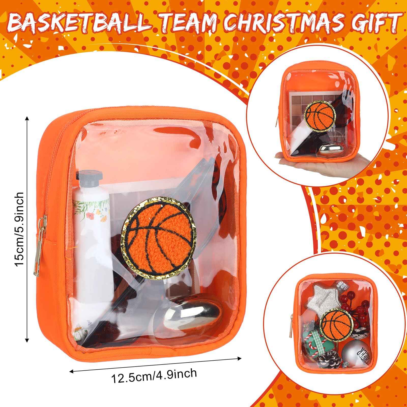 Reginary 12 Pcs Chenille Patch Gift Bags Senior Night Gift Bag Waterproof Travel Size Pack for Party Favors Team Stuff(Basketball)