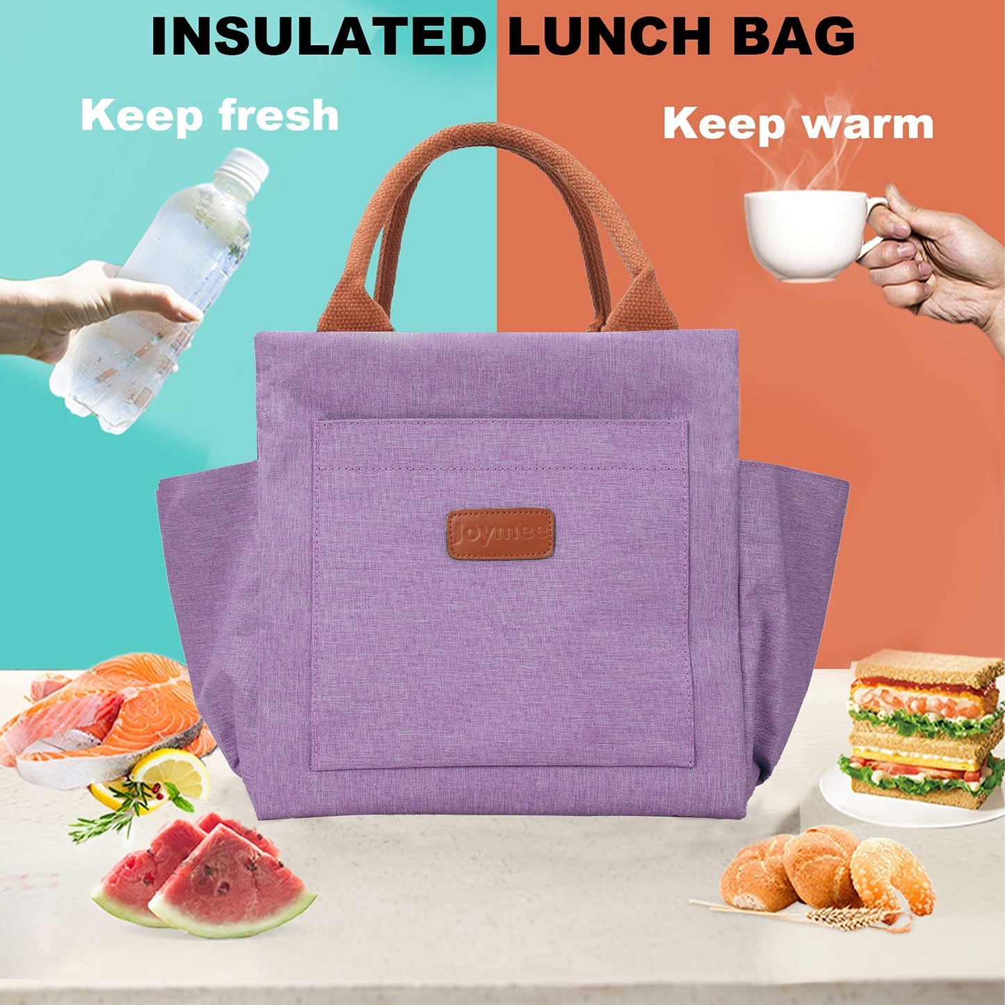 Joymee Lunch Bag Women Insulated Lunch Box Reusable Leakproof Large Spacious Cooler Tote for Women Men Adult with Bottle Holder and Side Pockets for Work Office Travel Picnic - Purple