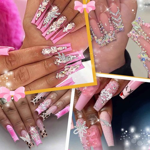 70PCS Silver Nail Charms,Y2K Nail Art Rhinestone Charms 3D Heart Bow Star with Rhinestones,Charms for Nails Design,Accessories Supplies (Silver Pink 2)