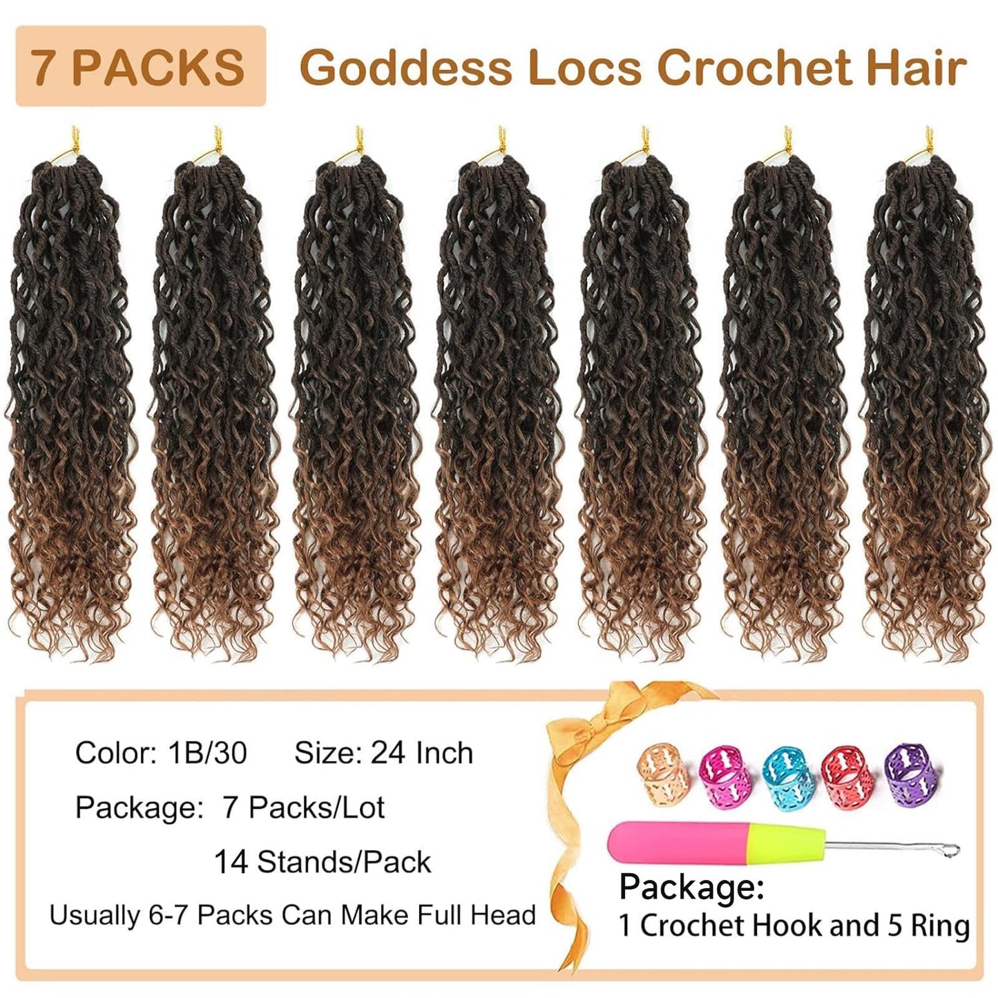 Goddess Locs Crochet Hair Brown 24 Inch 7 Packs Long Faux Locs Crochet Hair Soft Crochet Locs Boho Faux Locs Crochet Hair Synthetic Hippie Locs Pre Looped Crochet Braids Curly Ends (24 Inch, 1B/30)