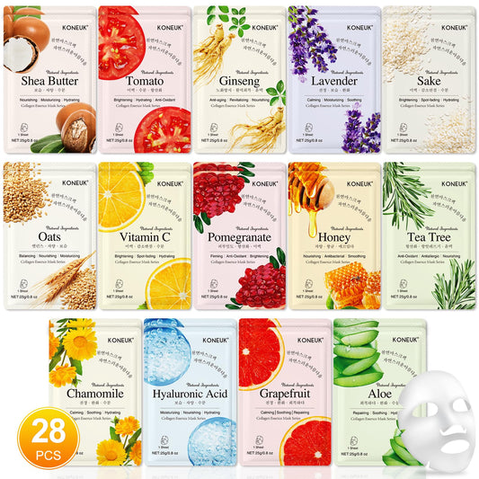 KONEUK 28 Pack Sheet Face Masks Skincare, Hydrating Face Masks Suitable for Sensitive Skin, Bulk Facial Mask Gifts Set for Women Skin Care, Home Skincare Spa for All Skin Types