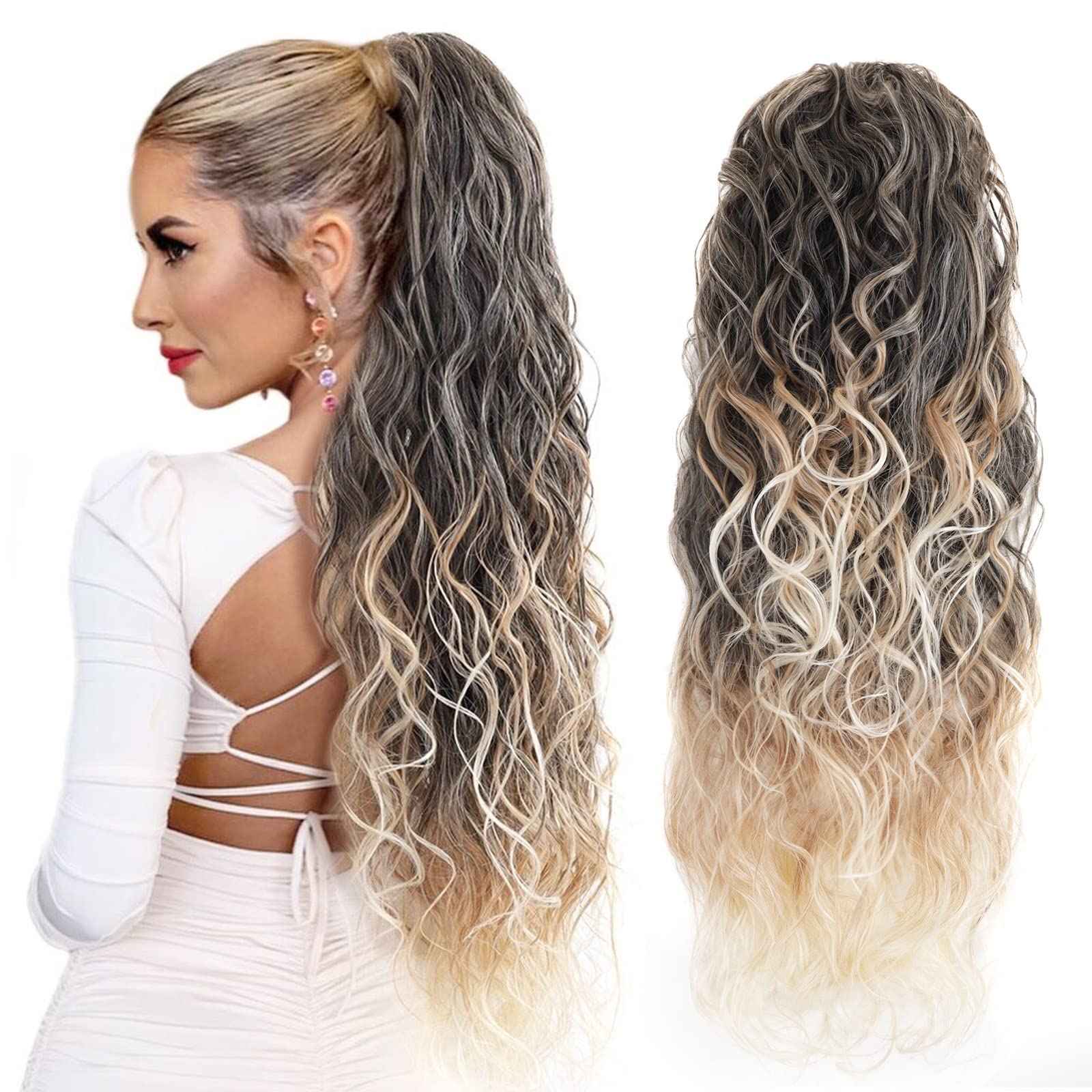BHF HAIR Curly Drawstring Ponytail Extension 26 Inch Wavy Ponytail Clip in Curly Synthetic long Hair Extensions for Women(Brown to Blonde 6OZ)