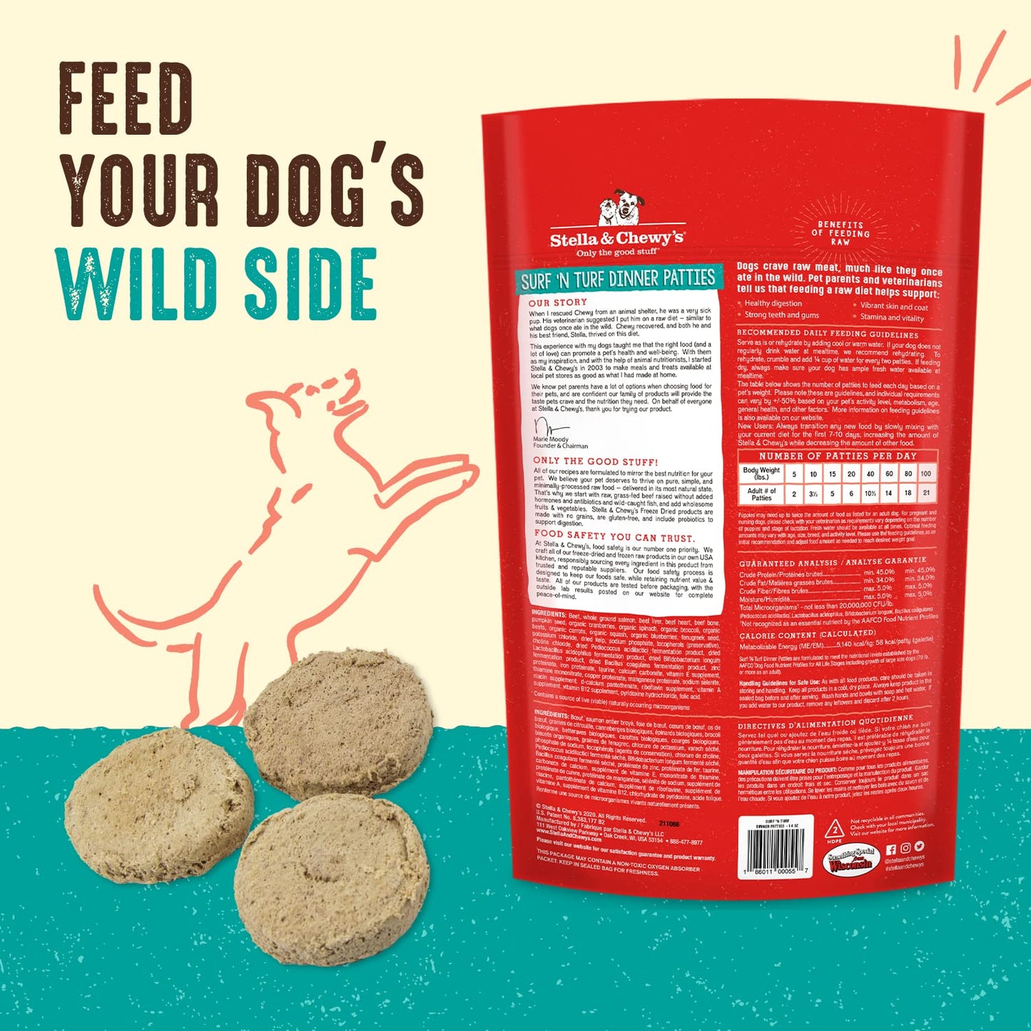 Stella & Chewy's Freeze Dried Raw Dinner Patties – Grain Free Dog Food, Protein Rich Surf ‘N Turf Salmon & Beef Recipe – 5.5 oz Bag