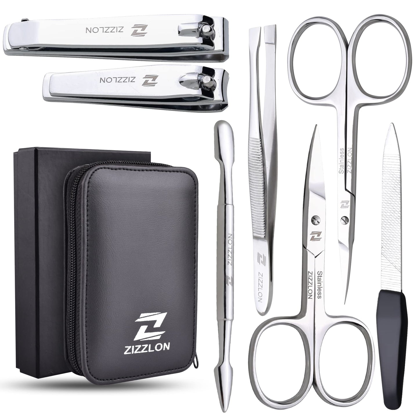 ZIZZLON Manicure Set - Cuticle Scissors, Nail and Eyebrow Scissors, Nail Clippers, Cuticle Pusher, Nail File, Eyebrow Tweezers - Professional Mens Grooming Kit (7 in 1)