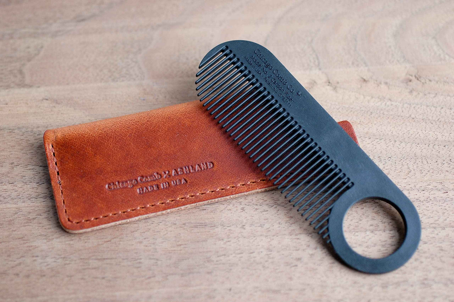Chicago Comb No. 2 Carbon Fiber + Tan Horween leather sheath, Made in USA
