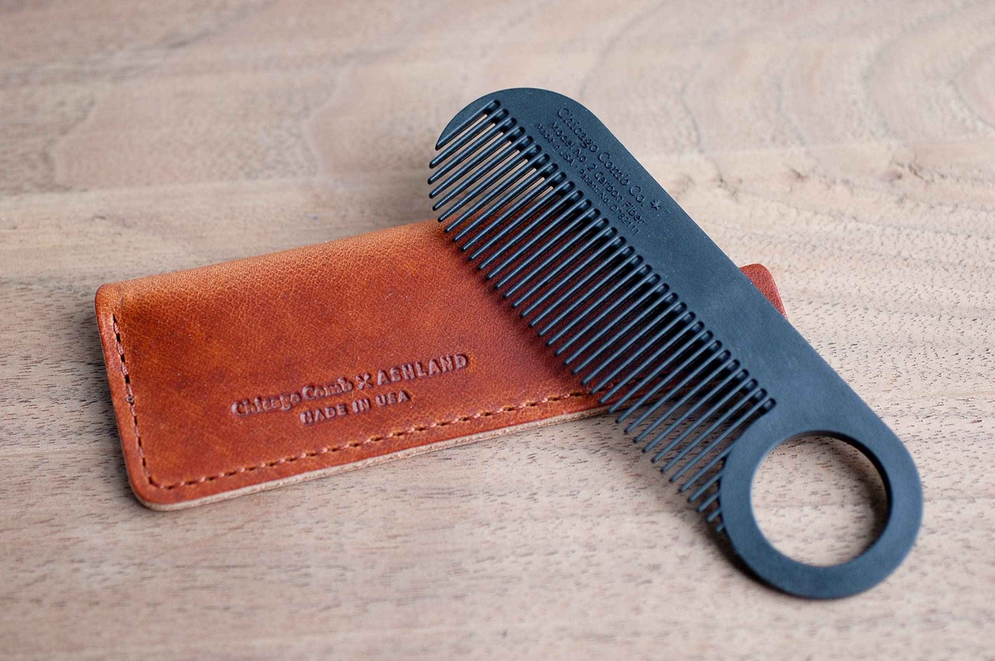 Chicago Comb No. 2 Carbon Fiber + Tan Horween leather sheath, Made in USA
