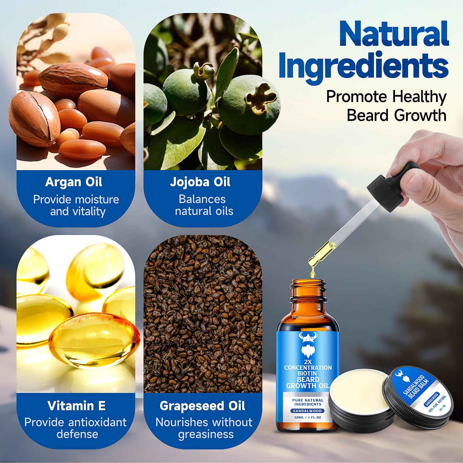 MistySprite Sandalwood Beard Growth Oil with 2X Concentration Biotin for Men and Cedarwood Beard Growth Oil with 2X Concentration Biotin for Men，Natural Ingredients & Thickens Facial Hair Growth