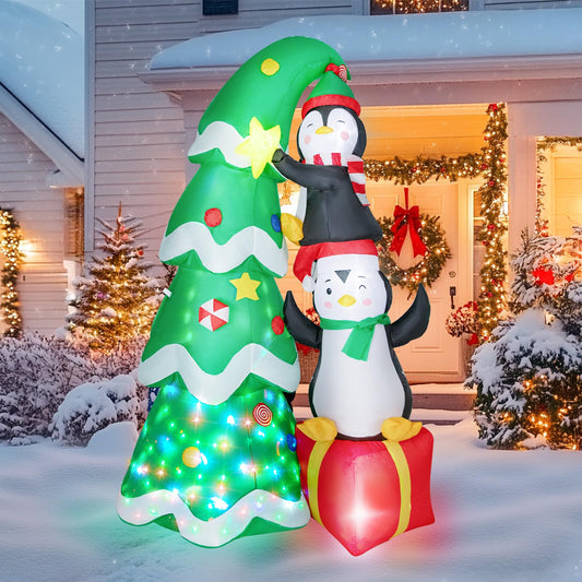 Christmas Inflatable Outdoor Decorations, 7 FT Penguins Climbing Tree,with 1 Rotating Colored Light+4 LED Lights, Large Blow Up Yard Decor,Christmas Party Outdoor, Yard, Garden, Lawn Winter Ornaments