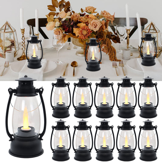 LLQ Small Lanterns Decorative for Indoors, 12Pcs Mini Lantern with Flicker Candles, Hanging Lanterns for Home Decor, Vintage Lanterns for Wedding Decor, Table Centerpiece, Battery Included, Black