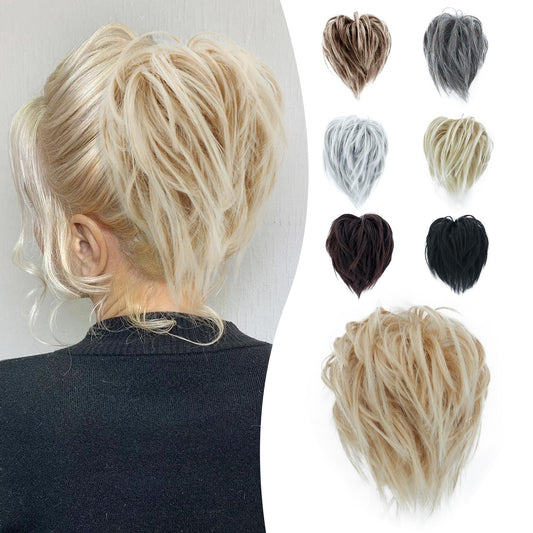 Lynclare Messy Bun Hair Piece Wavy Synthetic Hair Extension，Curly messy Bun Scrunchie Extensions for Women， Chignon Updo Ponytail Hairpieces with Elastic Rubber（Natural Blonde Mix Bleach Blonde）